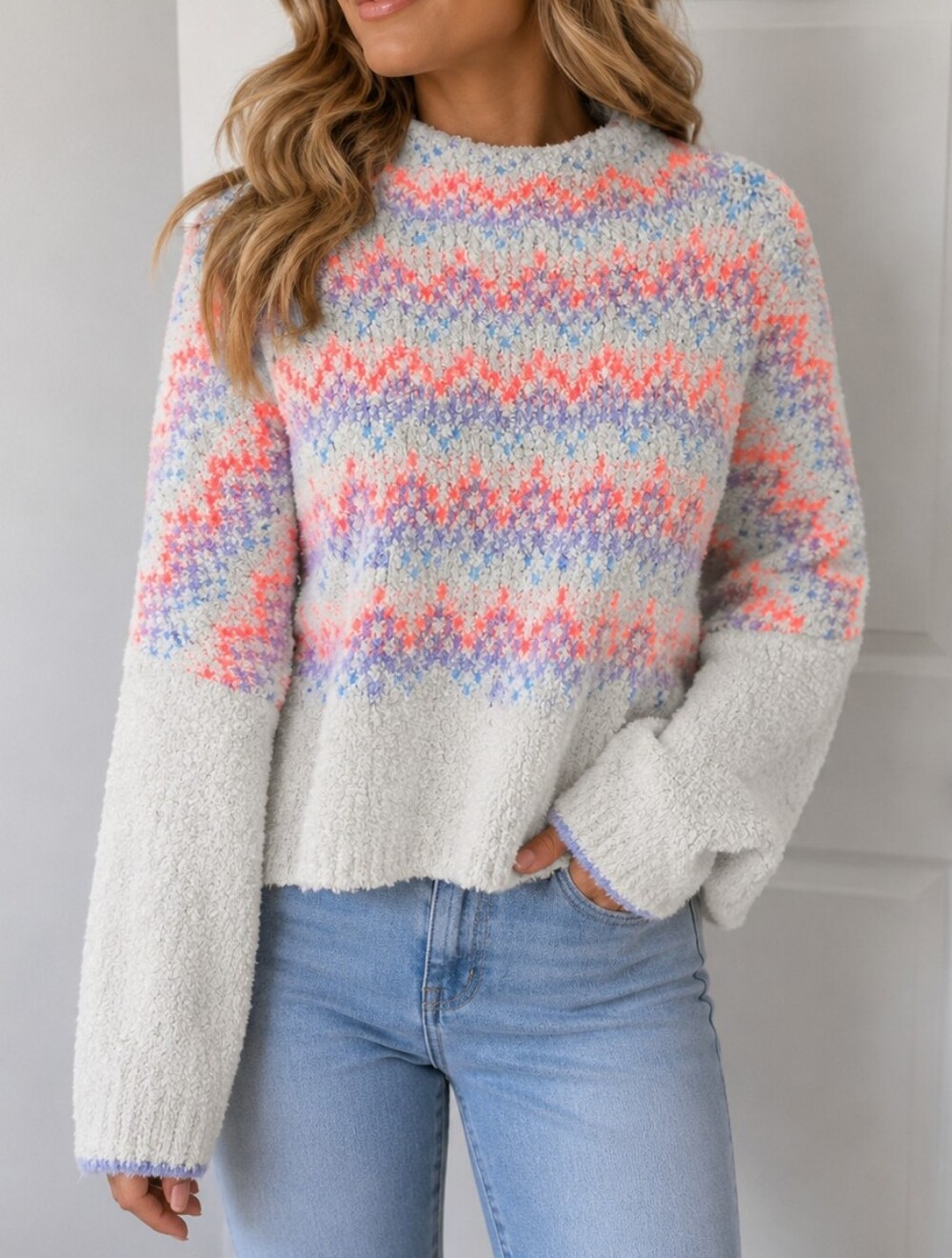 Anthropologie Pilcro Sweater XS White Pink Crew Neck Fuzzy Knit